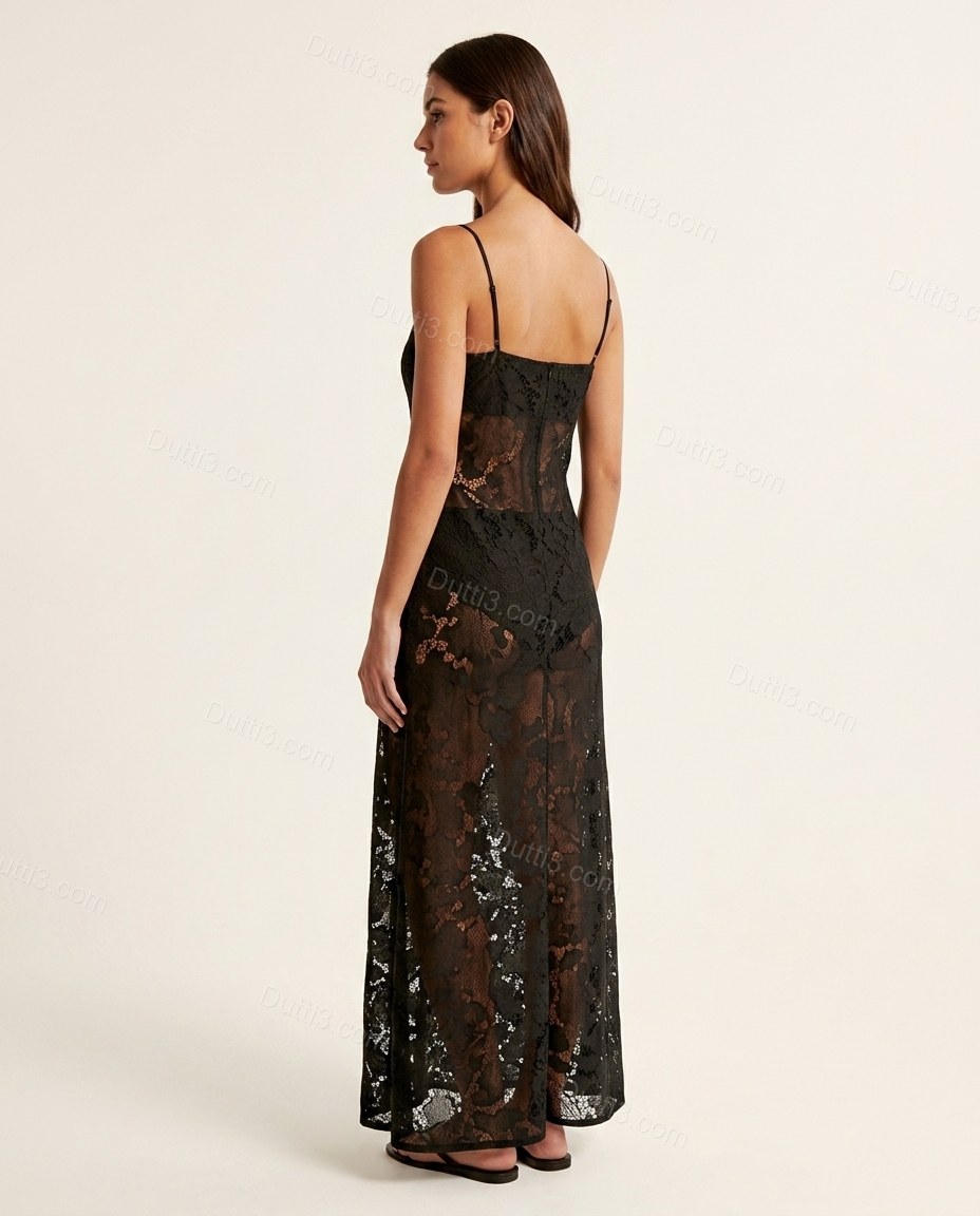 Black Floral Maxi Lace Dress, back studio view showing simple straight-across back with spaghetti straps, by Dutti3
