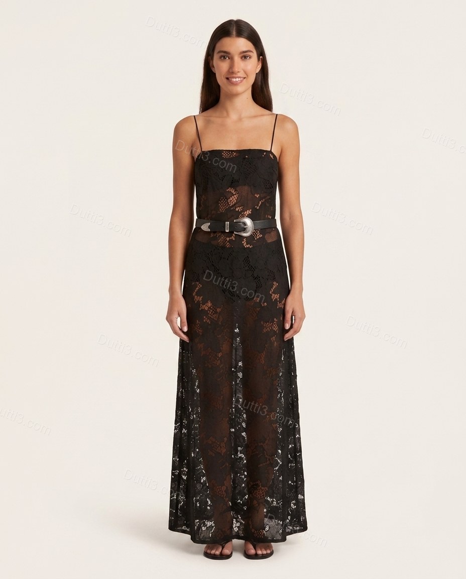Black Floral Maxi Lace Dress, front studio view, by Dutti3