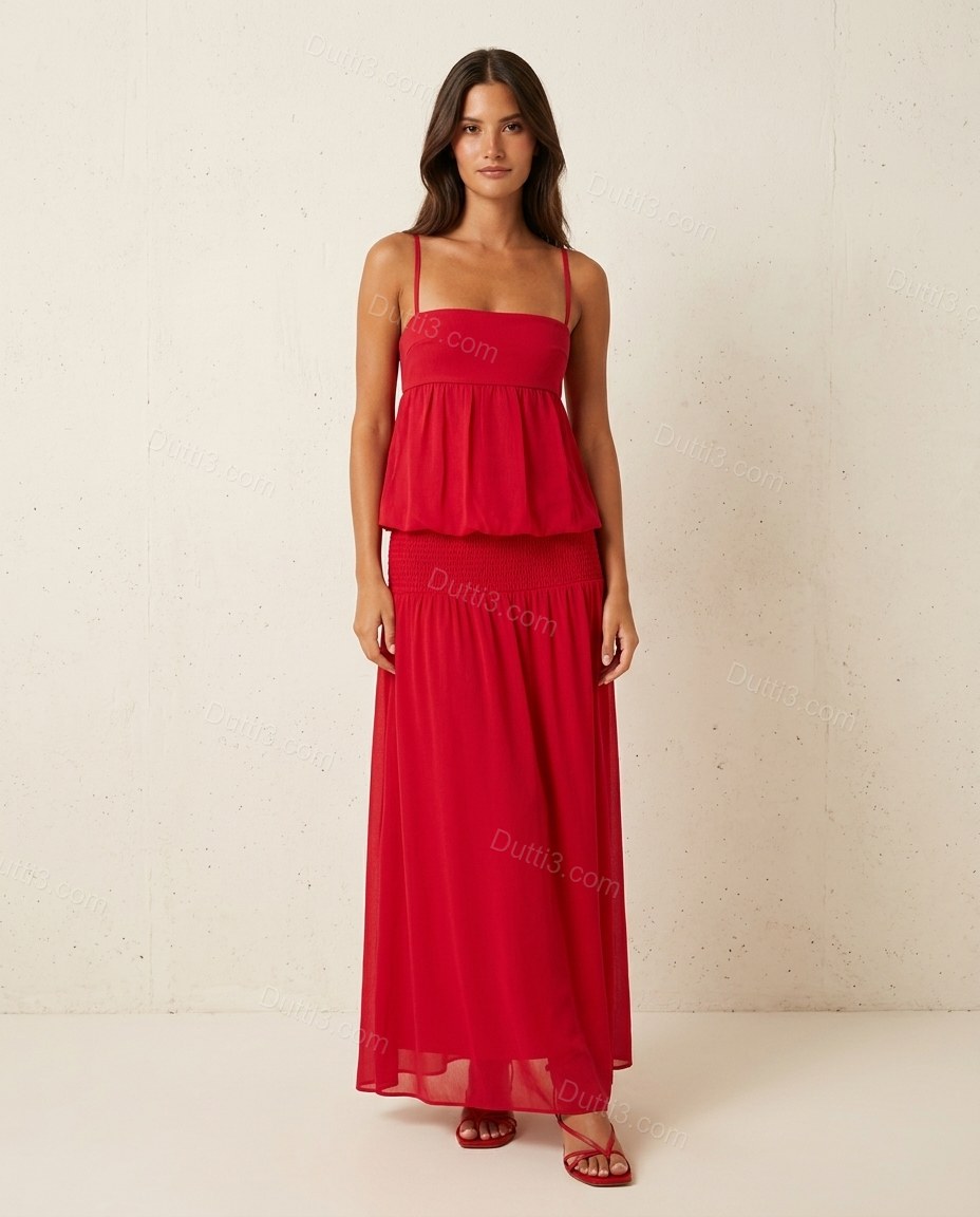 Red Maxi High-Low Tiered Dress, full-length hero view, by Dutti3