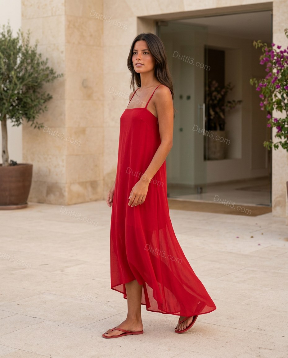 Red Maxi High-Low Tiered Dress, movement and fit lifestyle view, by Dutti3