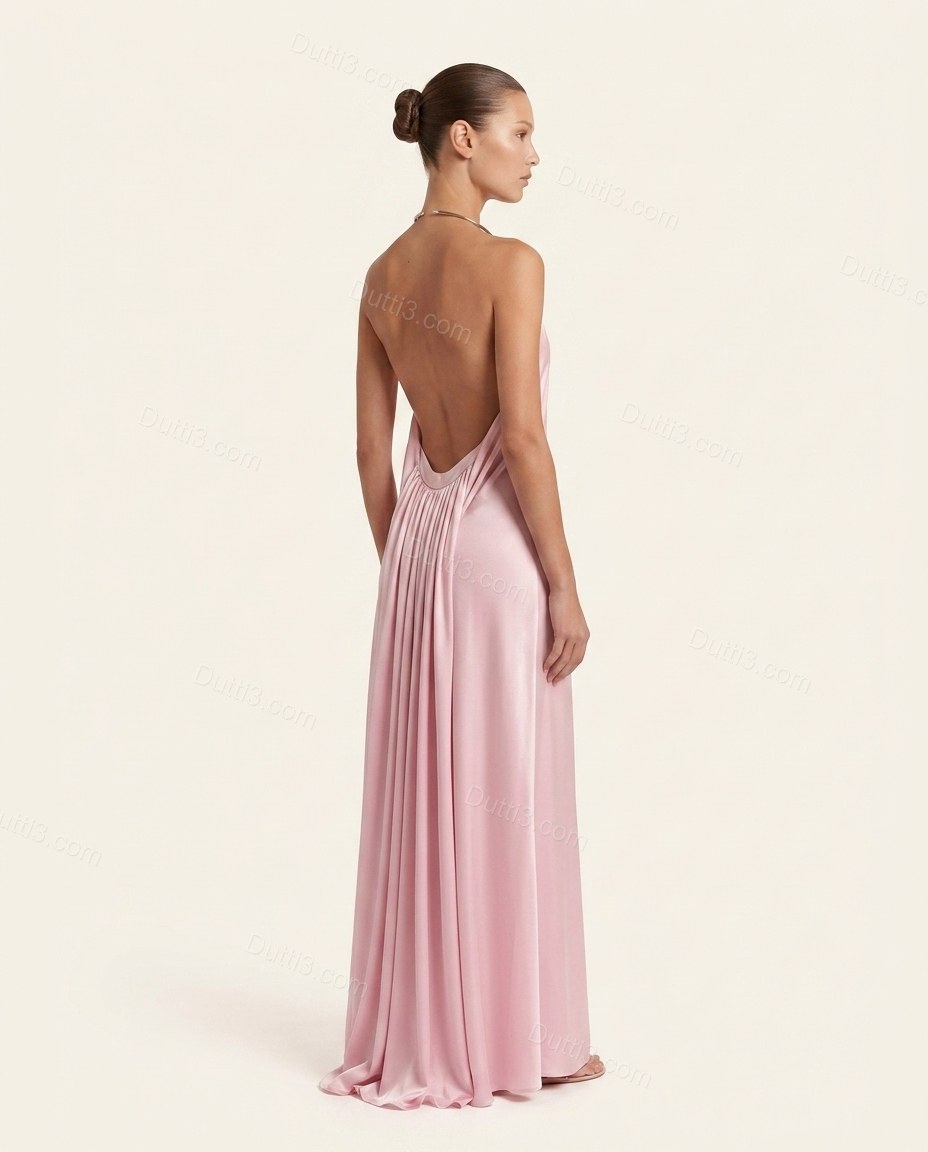 Pink Maxi Open-Back Halter Dress, back studio view, by Dutti3