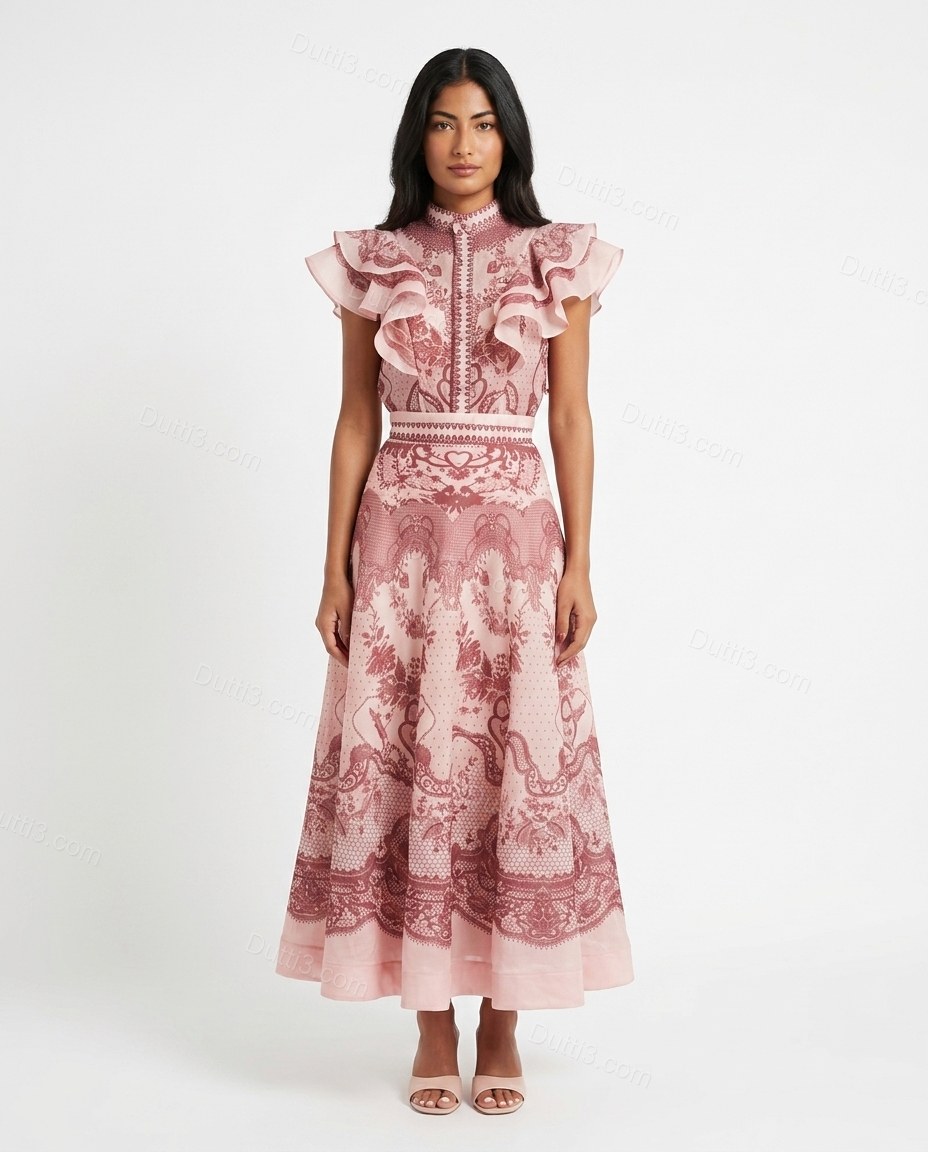 Pink Floral Embroidered Ruffled Dress, front studio view, by Dutti3
