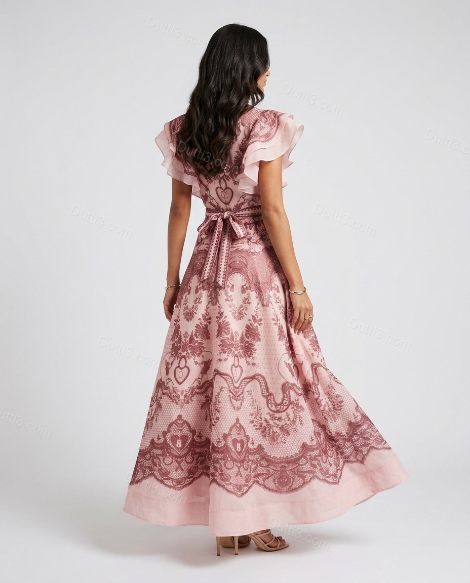 Pink Floral Embroidered Ruffled Dress, back studio view showing tie-back waist detail with continuous print, by Dutti3