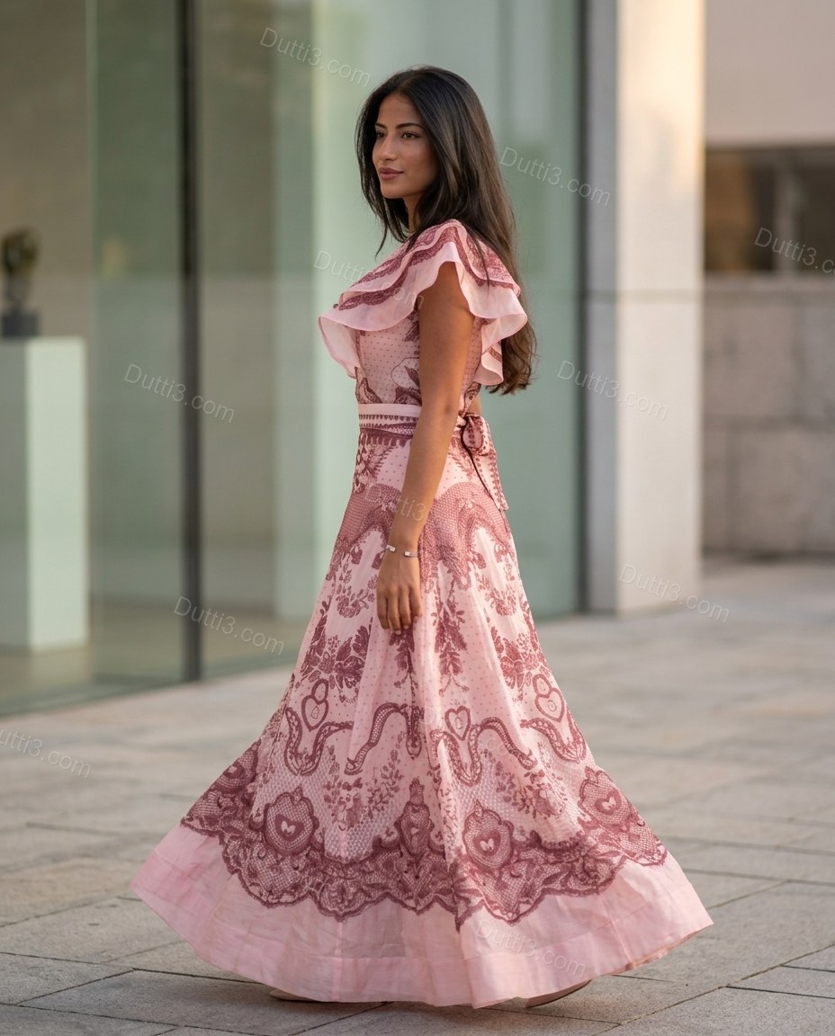 Pink Floral Embroidered Ruffled Dress, walking lifestyle view, by Dutti3