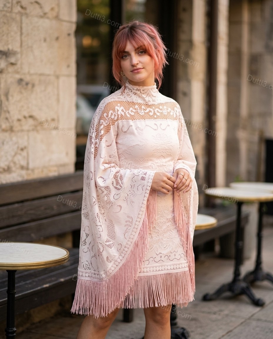 Pink Floral Mini Cape Dress, three-quarter brand lifestyle view, by Dutti3
