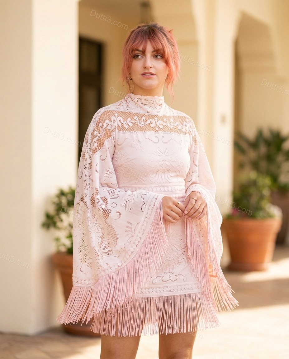Pink Floral Mini Cape Dress, full-length hero view, by Dutti3