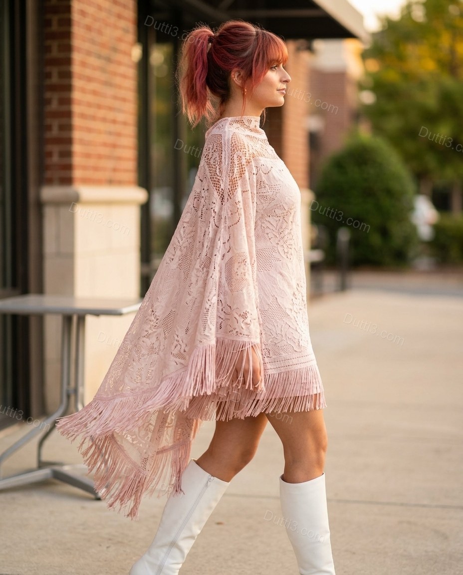 Pink Floral Mini Cape Dress, movement and fit lifestyle view, by Dutti3
