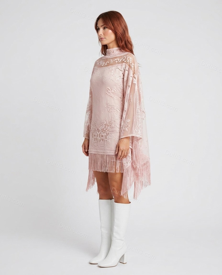 Pink Floral Mini Cape Dress, side and back studio view showing tie-back closure at the neck, by Dutti3