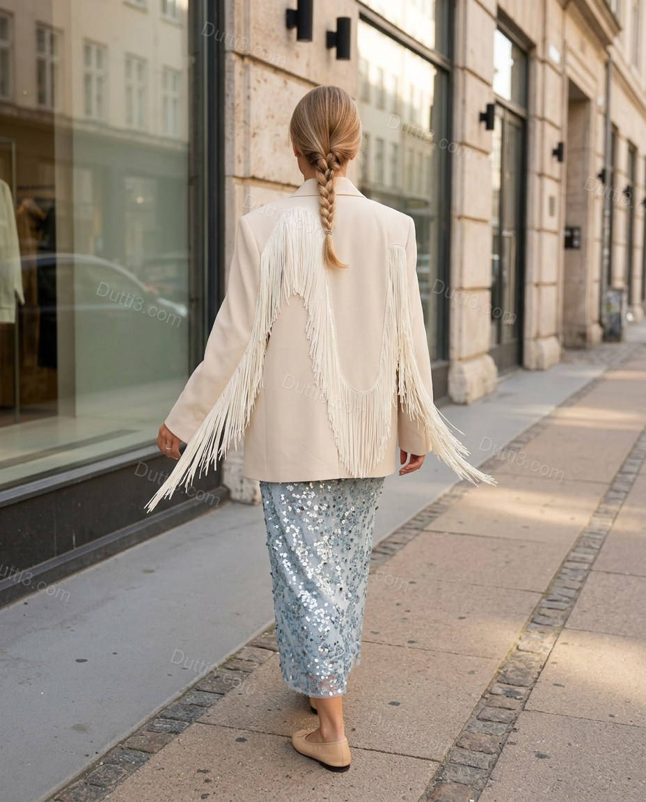 Cream Fringe Two-Piece Set, movement and fit lifestyle view, by Dutti3