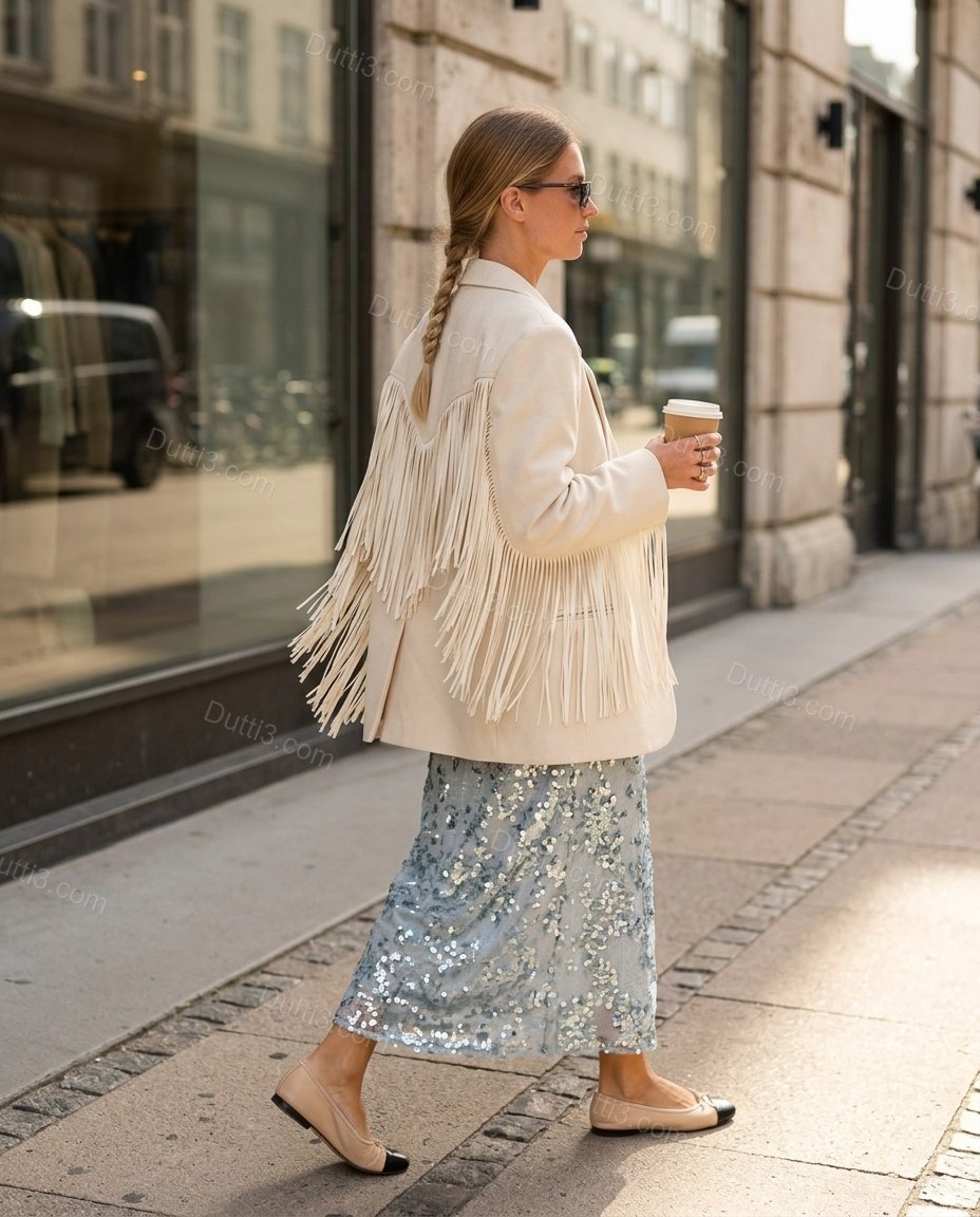 Cream Fringe Two-Piece Set, walking lifestyle view, by Dutti3