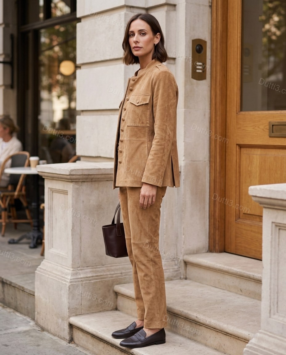 Tan Two-Piece Set, walking lifestyle view, by Dutti3