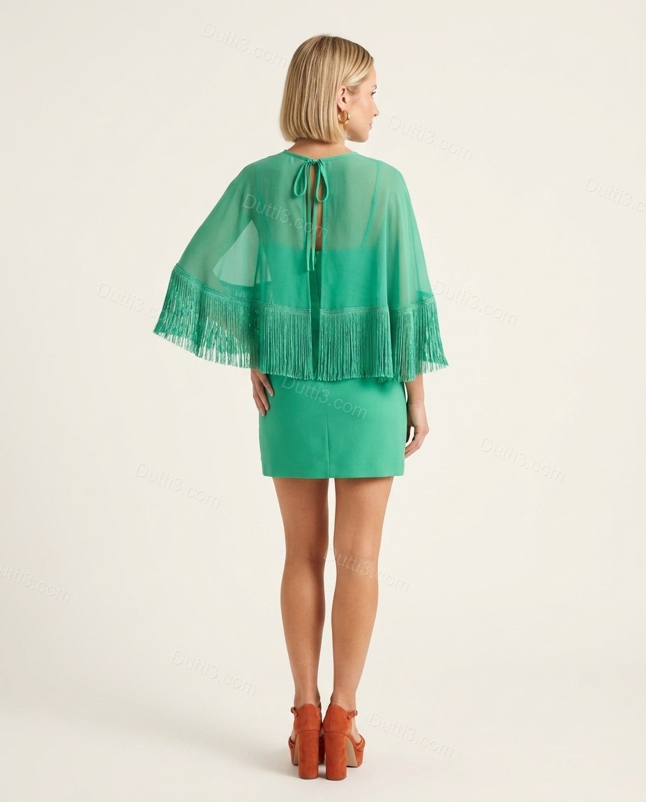Emerald Green Cape Tie-Neck Fringe Two-Piece Set, back studio view, by Dutti3
