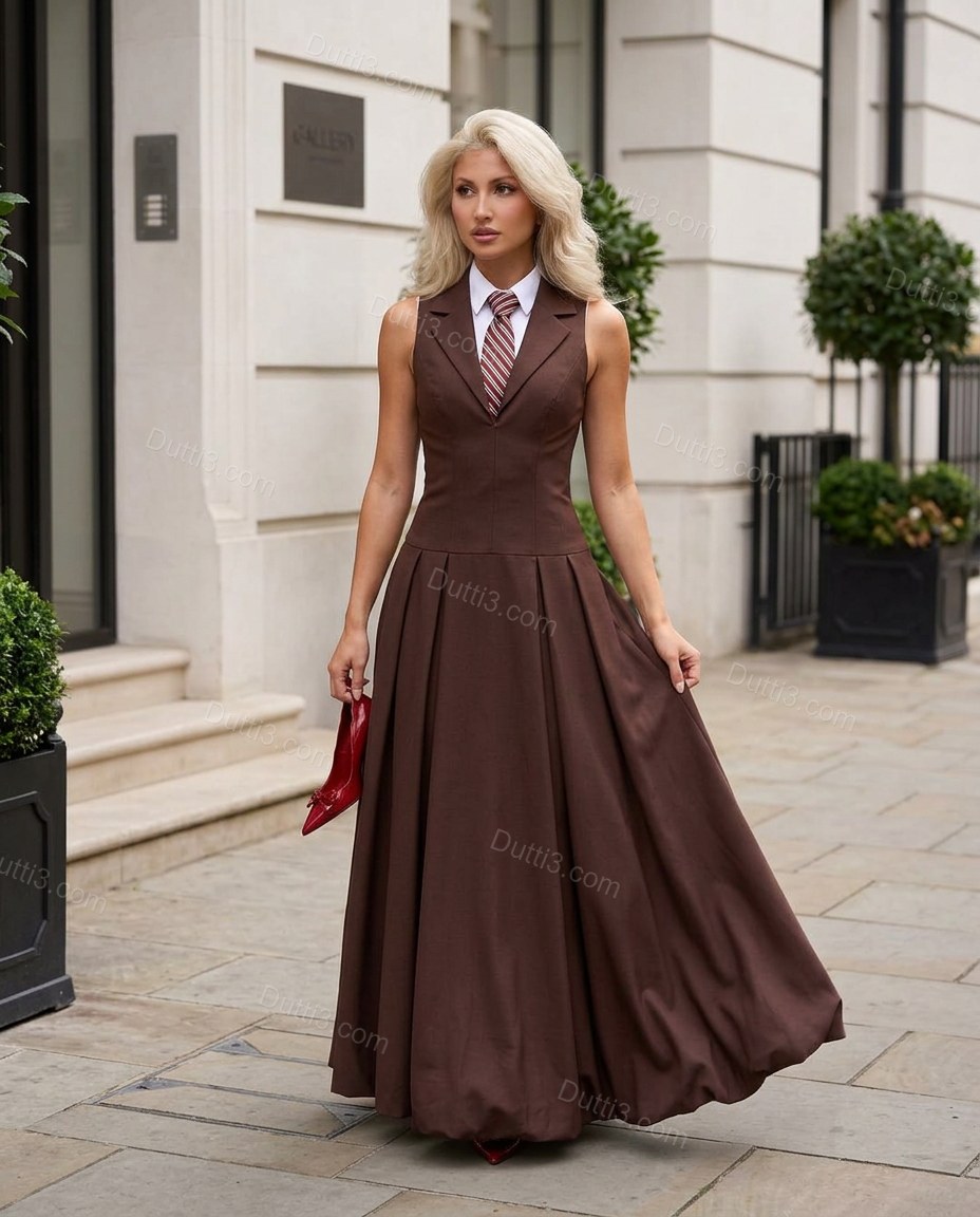 Brown Maxi Pleated Dress, alternate use-case lifestyle view, by Dutti3