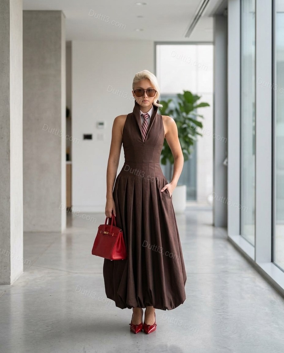 Brown Maxi Pleated Dress, full-length hero view, by Dutti3
