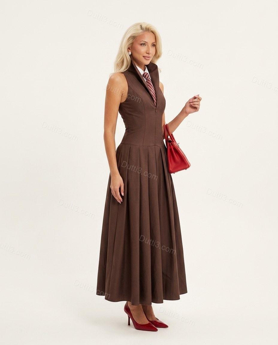 Brown Maxi Pleated Dress, side and back studio view, by Dutti3
