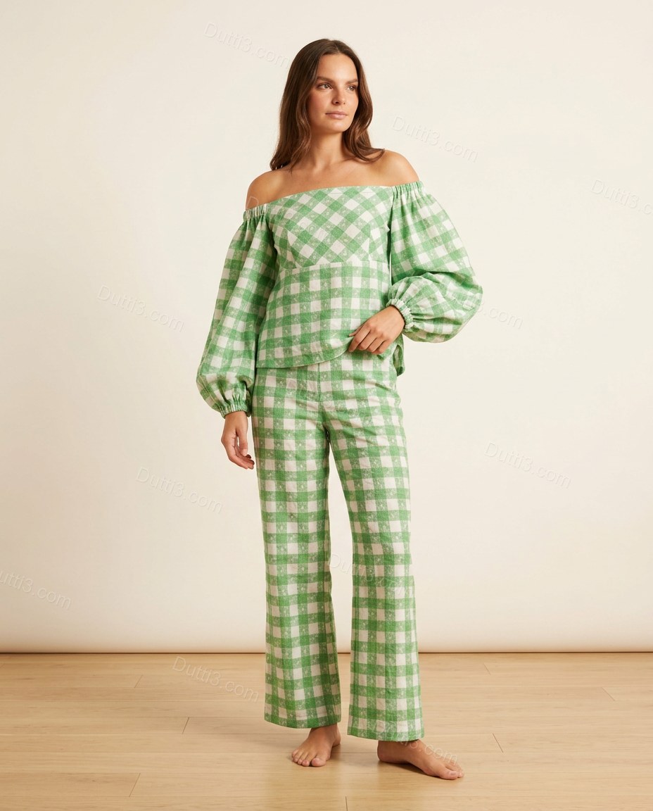Green Off-Shoulder Pants Set, front studio view, by Dutti3