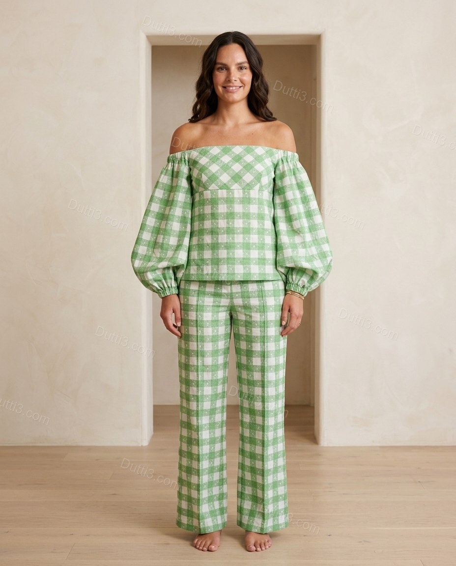 Green Off-Shoulder Pants Set, full-length hero view, by Dutti3