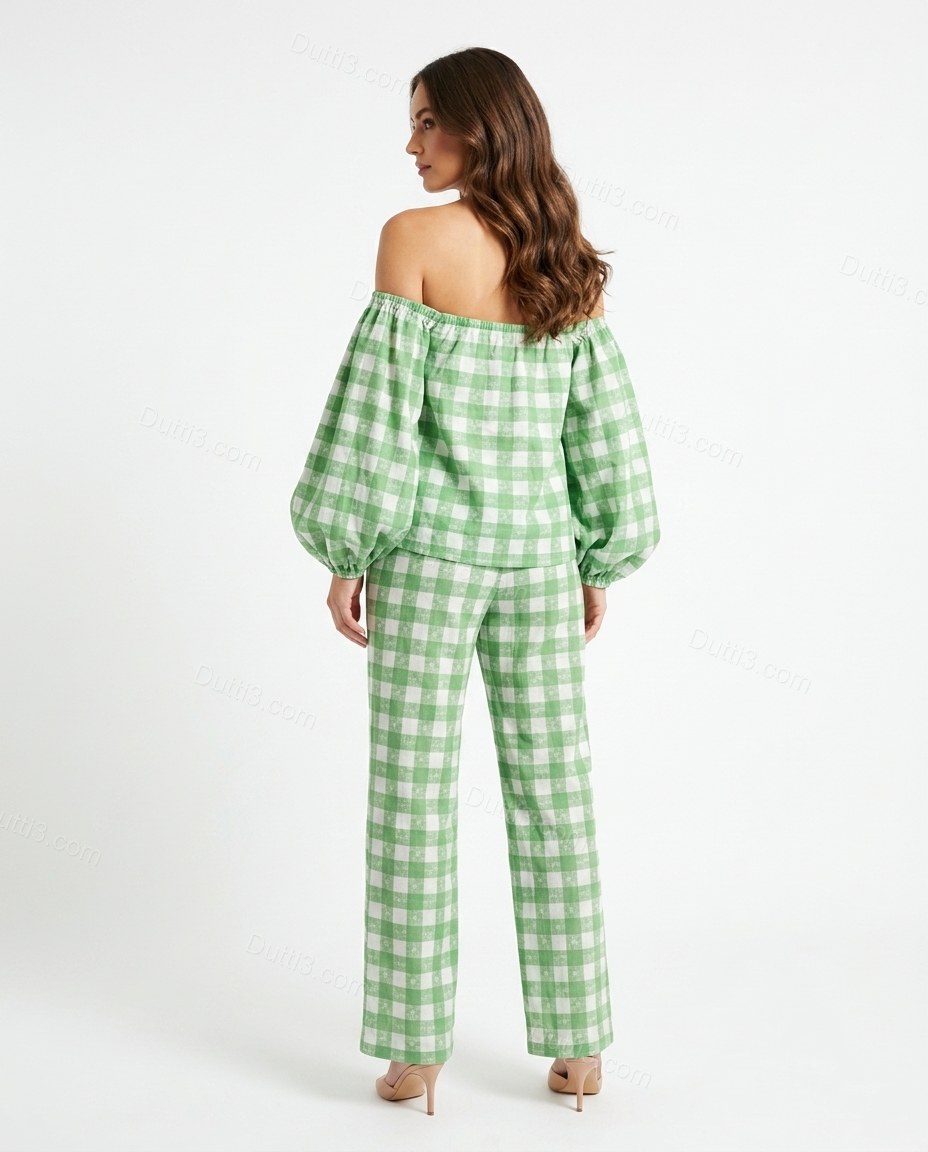 Green Off-Shoulder Pants Set, back studio view, by Dutti3