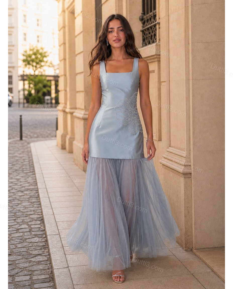 Light Blue Maxi Satin Dress, walking lifestyle view, by Dutti3