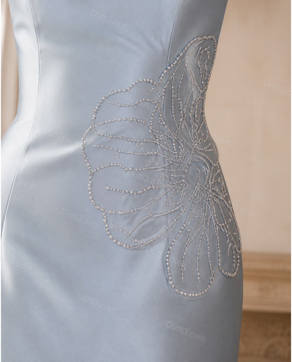 Light Blue Maxi Satin Dress, close-up of layered skirt, side draping on bodice and square neck, by Dutti3