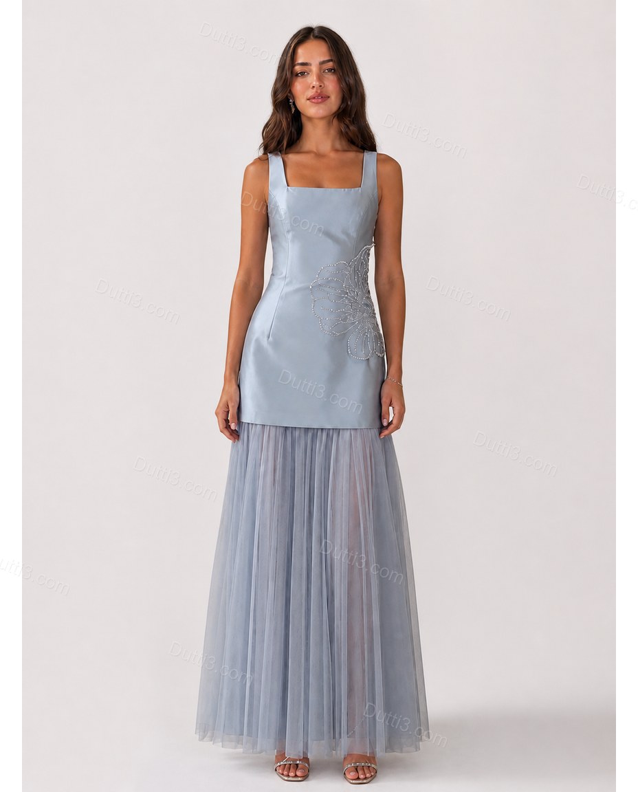 Light Blue Maxi Satin Dress, front studio view, by Dutti3