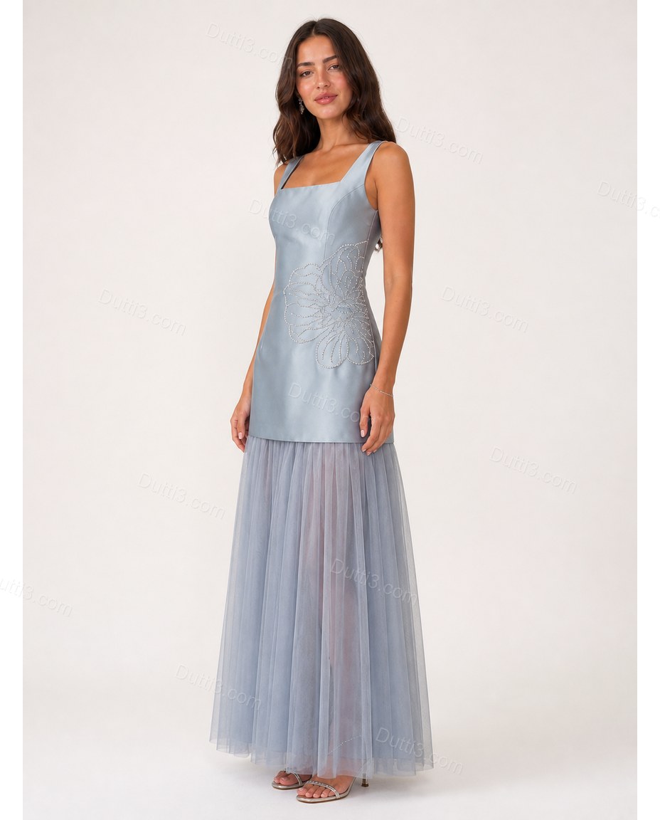 Light Blue Maxi Satin Dress, back studio view, by Dutti3