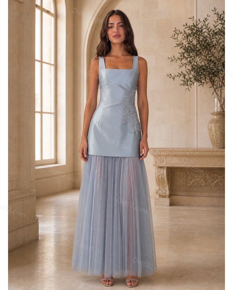 Light Blue Maxi Satin Dress, full-length hero view, by Dutti3