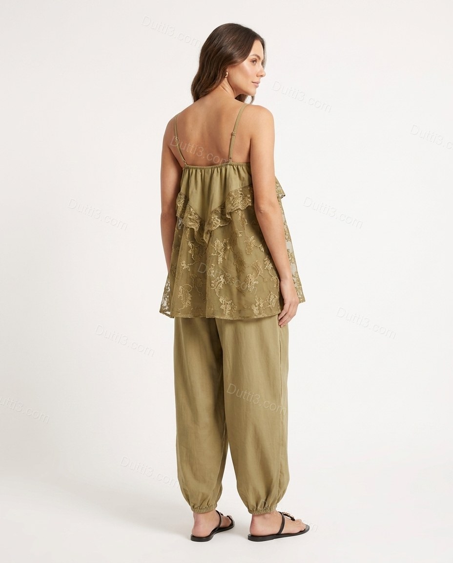 Olive Green Floral Ruffled Lace Top & Pants Set, back studio view showing simple back with straps, no additional design, by Dutti3