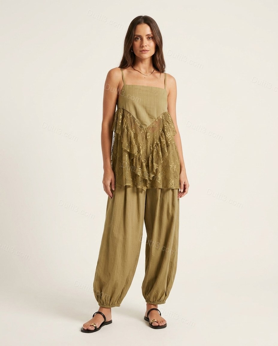 Olive Green Floral Ruffled Lace Top & Pants Set, front studio view, by Dutti3
