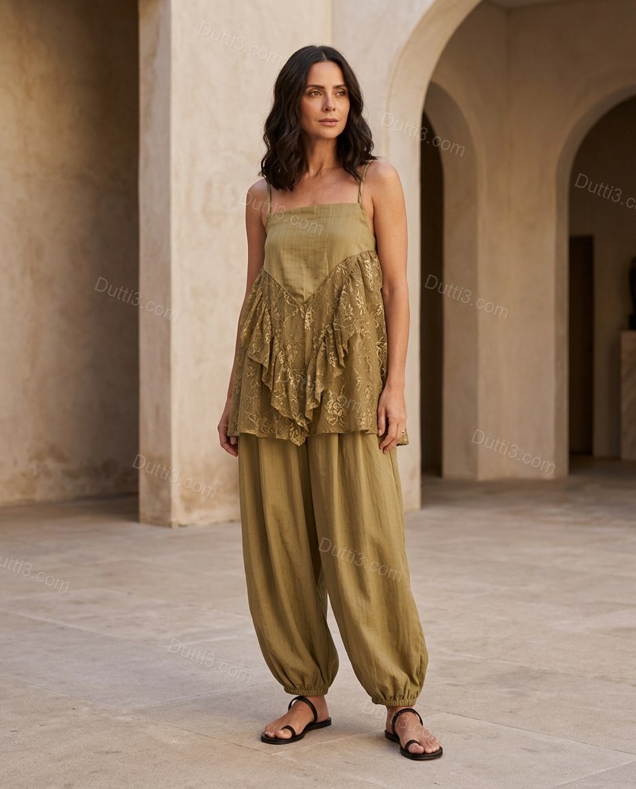 Olive Green Floral Ruffled Lace Top & Pants Set, three-quarter brand lifestyle view, by Dutti3