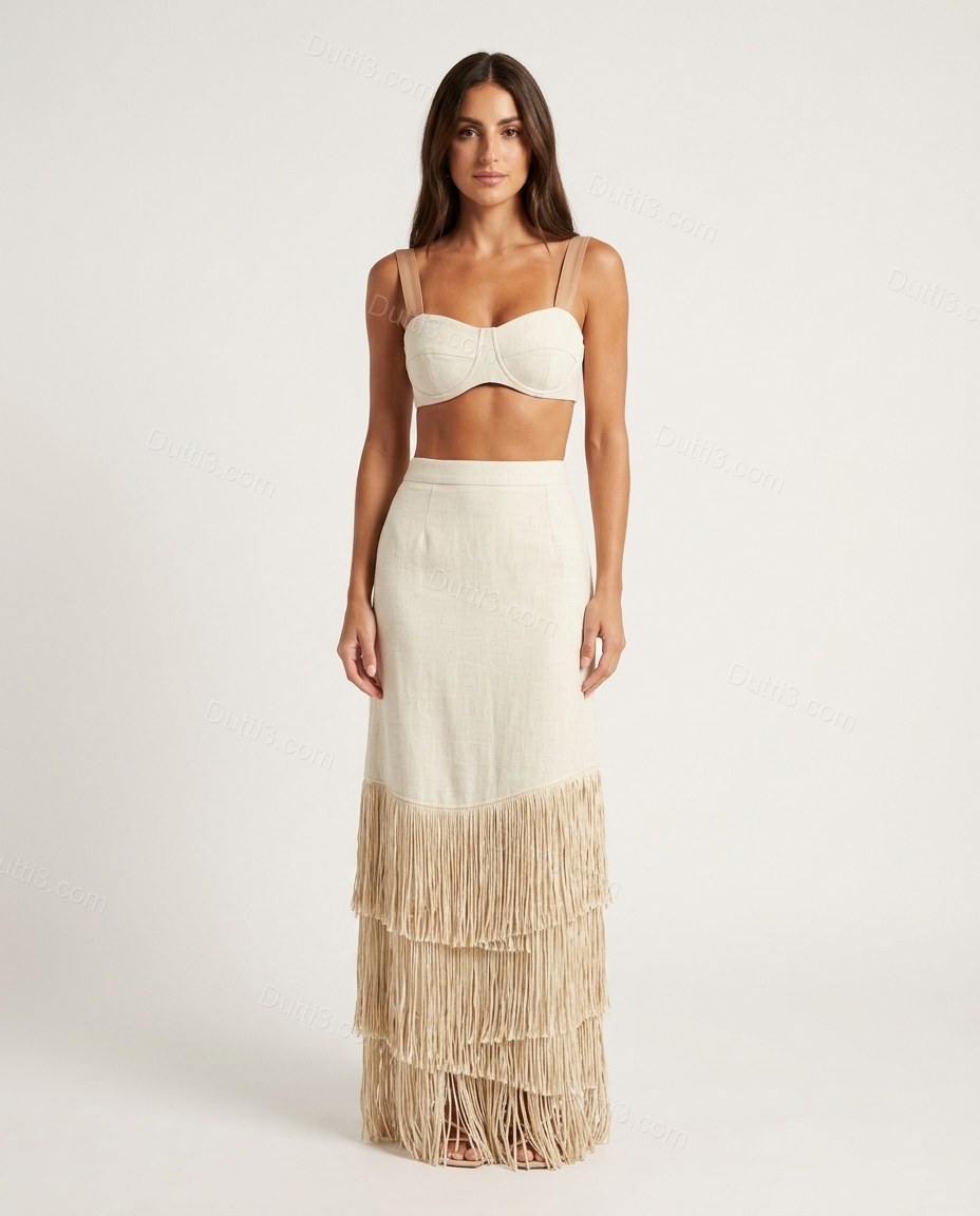 Off-white Maxi Tiered Fringe Top & Skirt Set, full-length hero view, by Dutti3