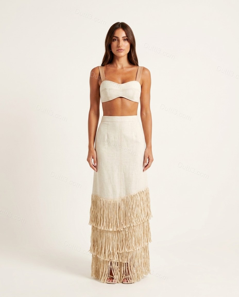 Off-white Maxi Tiered Fringe Top & Skirt Set, front studio view, by Dutti3