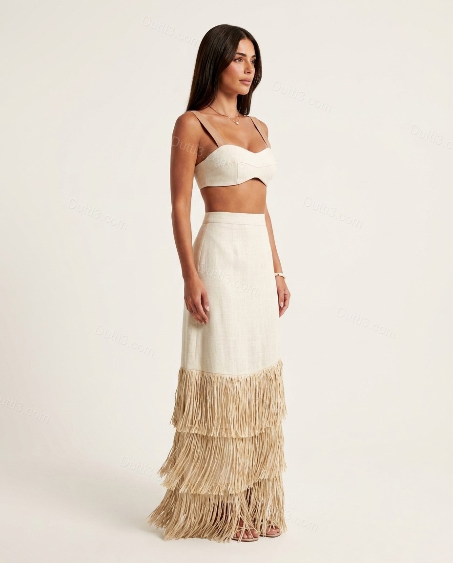 Off-white Maxi Tiered Fringe Top & Skirt Set, side and back studio view, by Dutti3