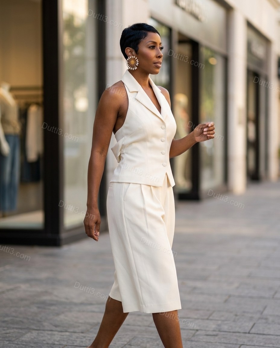 Off-white Halter Pleated Pants Set, movement and fit lifestyle view, by Dutti3