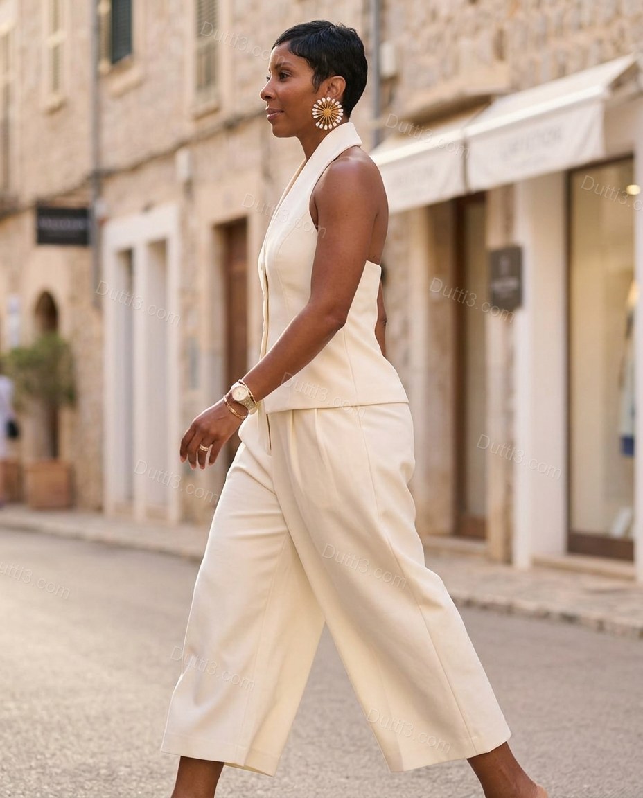 Off-white Halter Pleated Pants Set, walking lifestyle view, by Dutti3