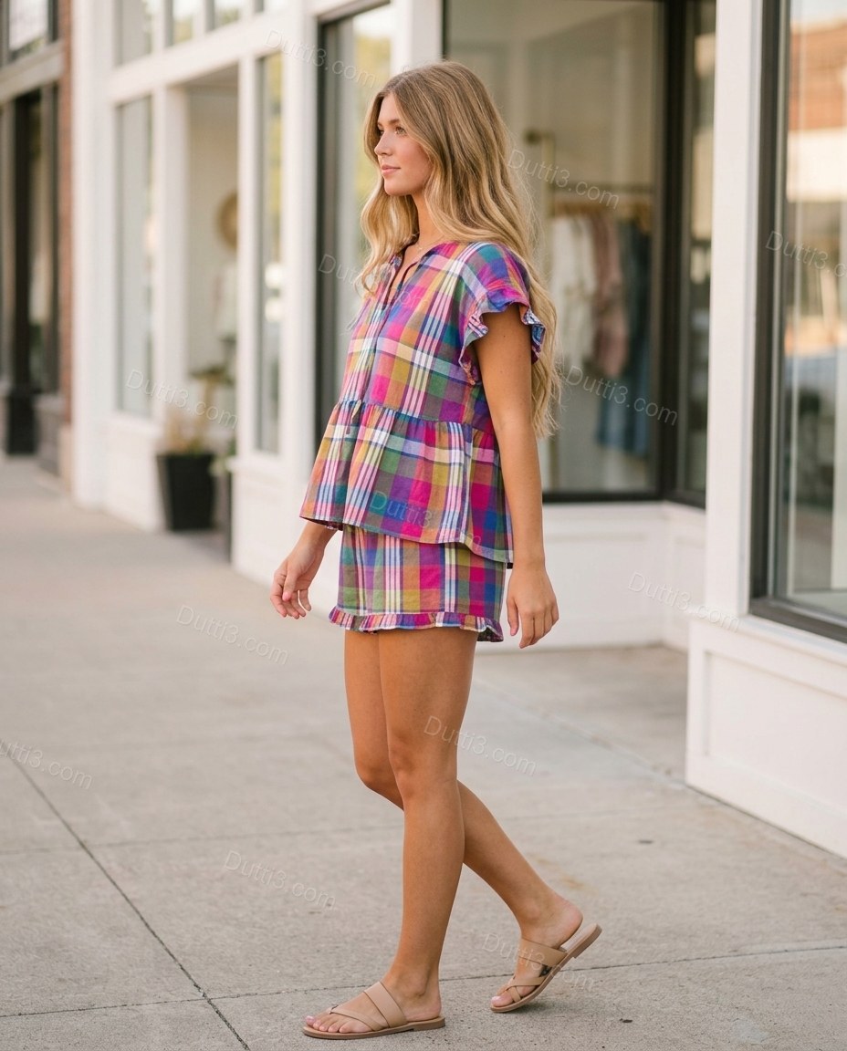 Pink Plaid Ruffled Peplum Top & Shorts Set, three-quarter brand lifestyle view, by Dutti3