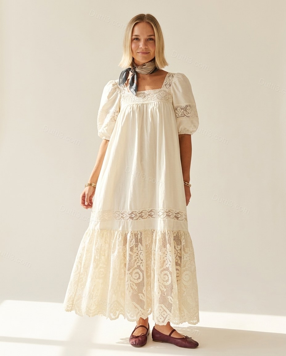 Cream Floral Maxi Tiered Dress, full-length hero view, by Dutti3