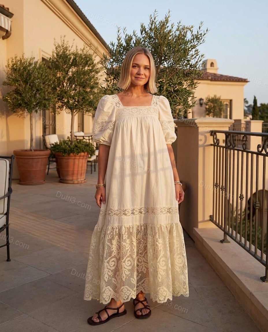 Cream Floral Maxi Tiered Dress, three-quarter brand lifestyle view, by Dutti3
