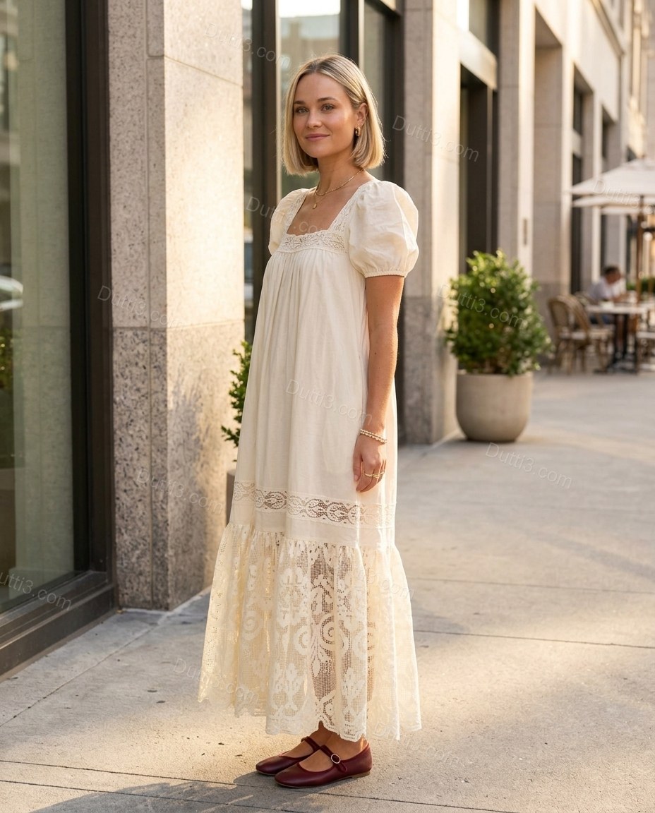 Cream Floral Maxi Tiered Dress, alternate use-case lifestyle view, by Dutti3