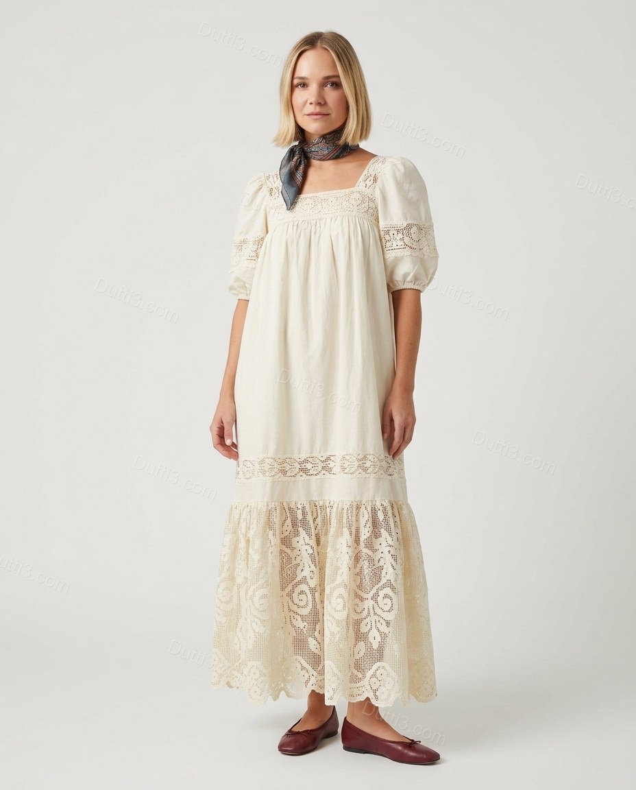 Cream Floral Maxi Tiered Dress, front studio view, by Dutti3