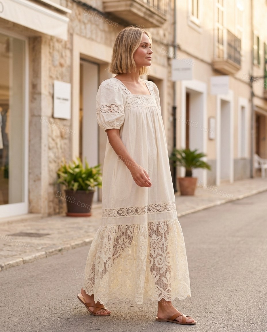 Cream Floral Maxi Tiered Dress, movement and fit lifestyle view, by Dutti3