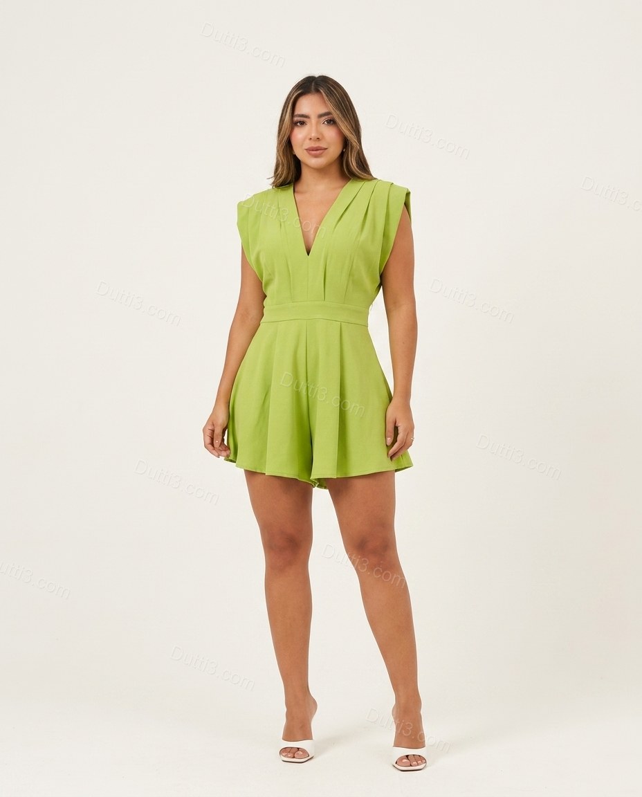 Green Mini Open-Back Halter Jumpsuit, front studio view, by Dutti3