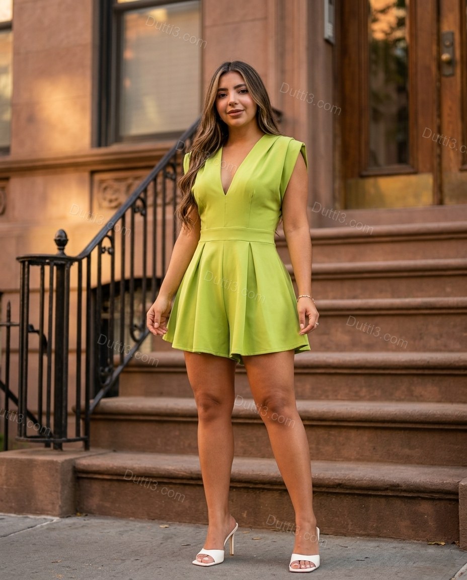 Green Mini Open-Back Halter Jumpsuit, three-quarter brand lifestyle view, by Dutti3