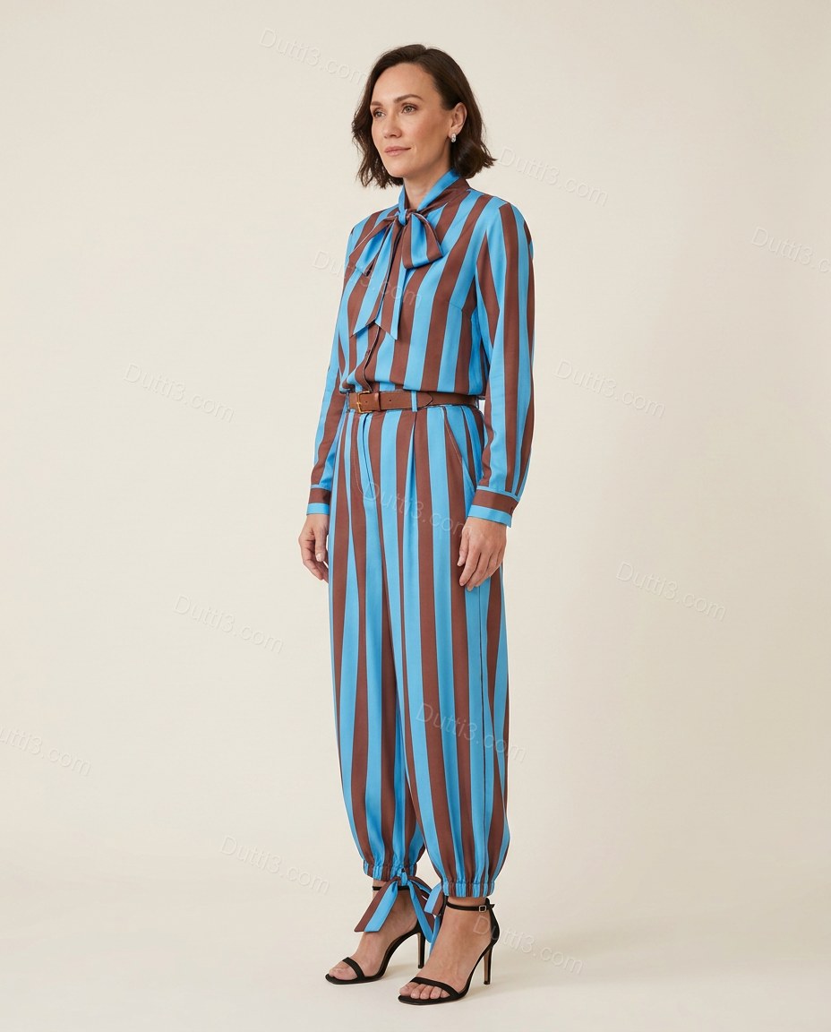 Brown Striped Pussy-Bow Jumpsuit, side and back studio view, by Dutti3