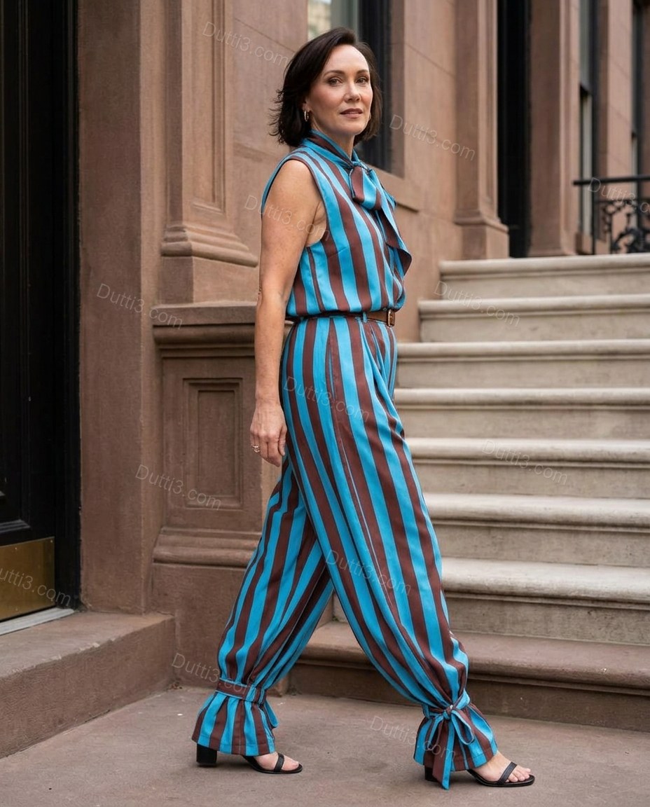 Brown Striped Pussy-Bow Jumpsuit, walking lifestyle view, by Dutti3
