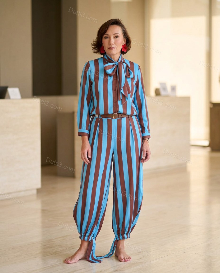 Brown Striped Pussy-Bow Jumpsuit, full-length hero view, by Dutti3