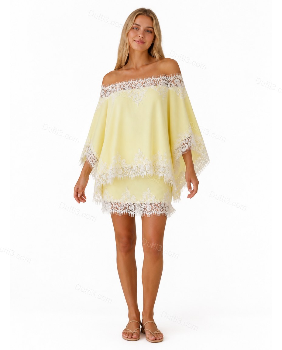 Yellow Mini Strapless Lace Dress, front studio view, by Dutti3