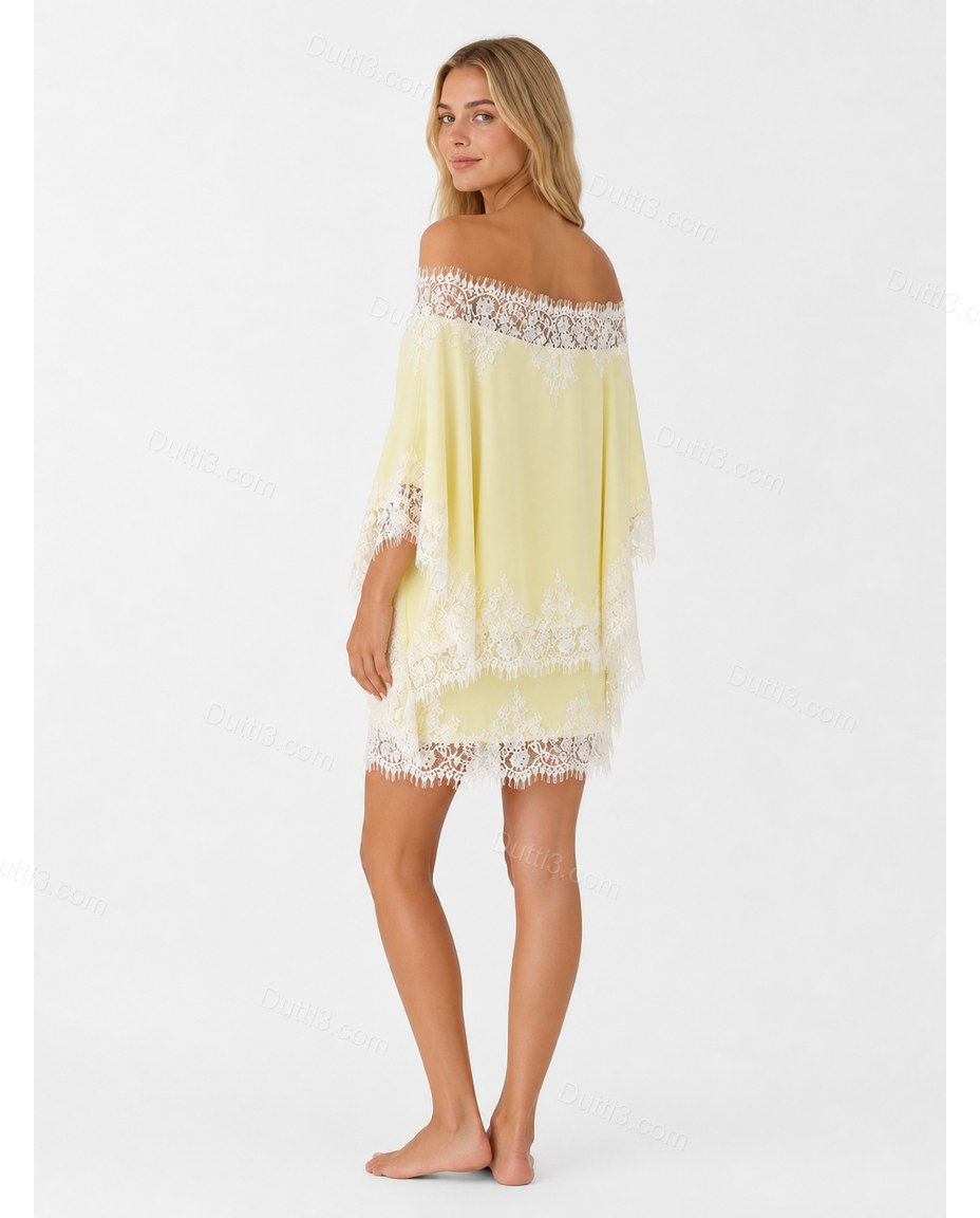 Yellow Mini Strapless Lace Dress, side and back studio view, by Dutti3