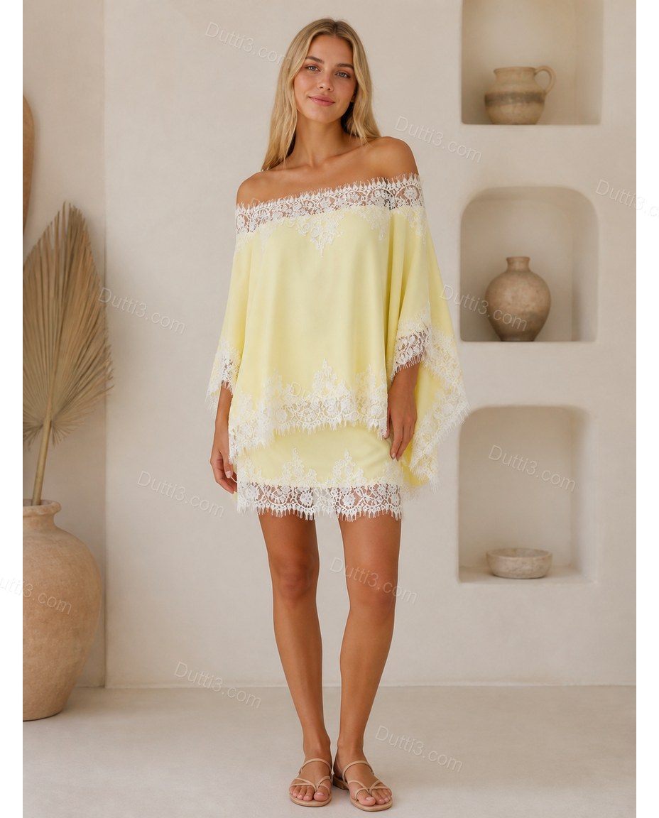 Yellow Mini Strapless Lace Dress, full-length hero view, by Dutti3