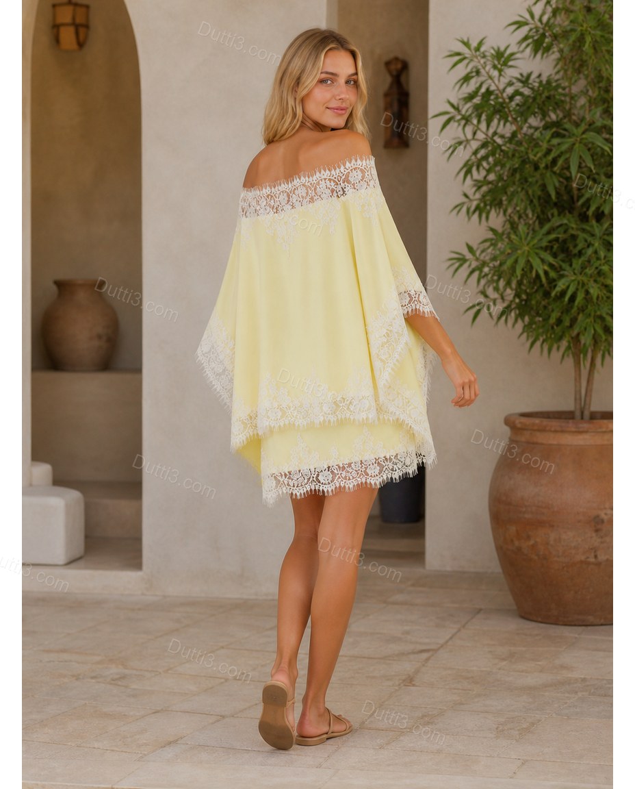 Yellow Mini Strapless Lace Dress, three-quarter brand lifestyle view, by Dutti3